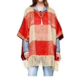 Adam Lippes Womens Wool Poncho L/XL Red Buffalo Plaid Tassle Southwest